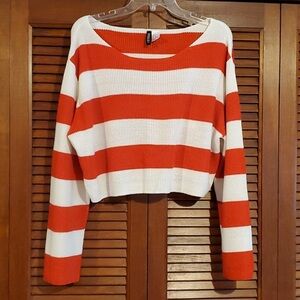 Bold Red and White Striped Cowl Neck Sweater
